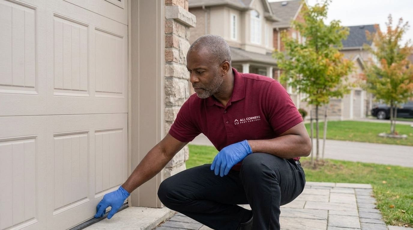An All Corners technician checking the garage door seal of a home