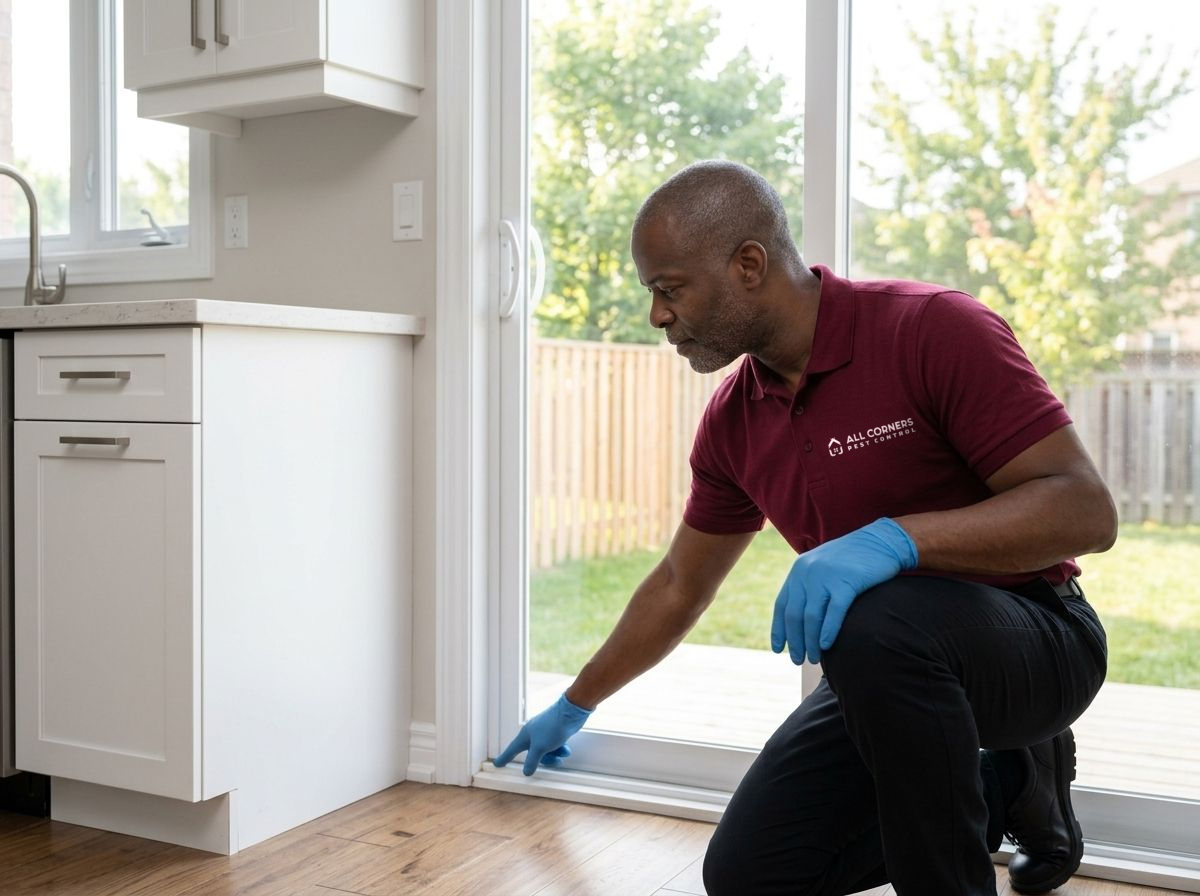 An All Corners technician checking the base of a patio door frame