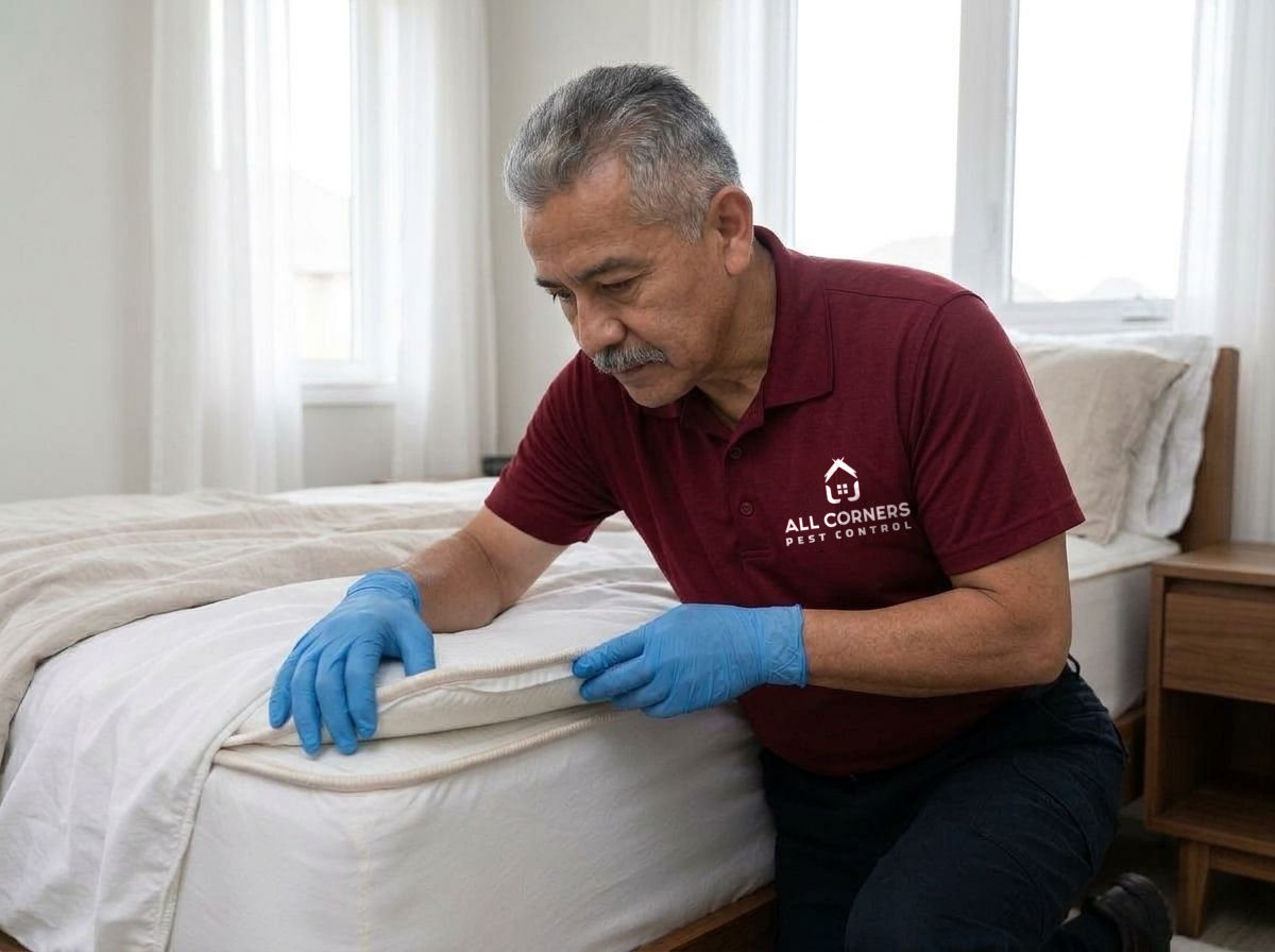 An All Corners technician lifting a mattress edge to inspect the seam