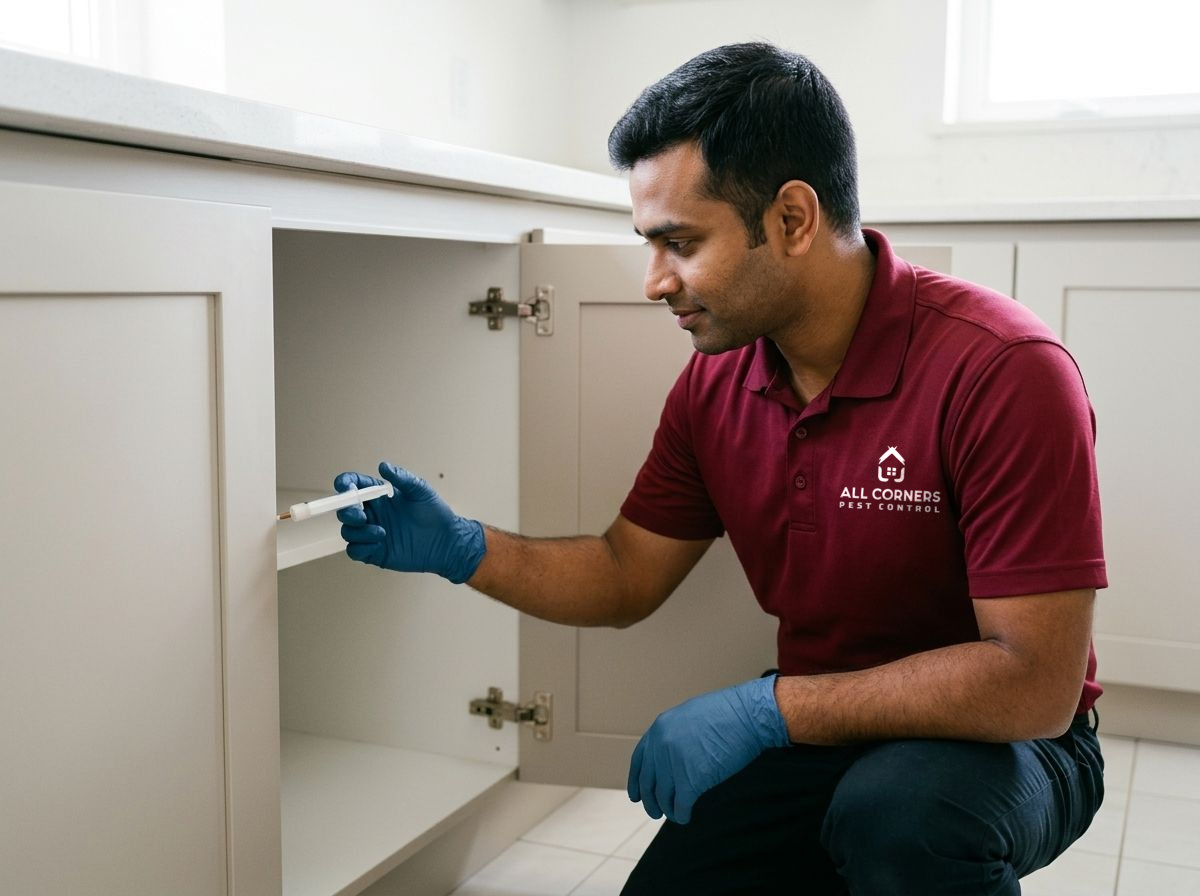 An All Corners technician applying gel bait inside a kitchen cabinet