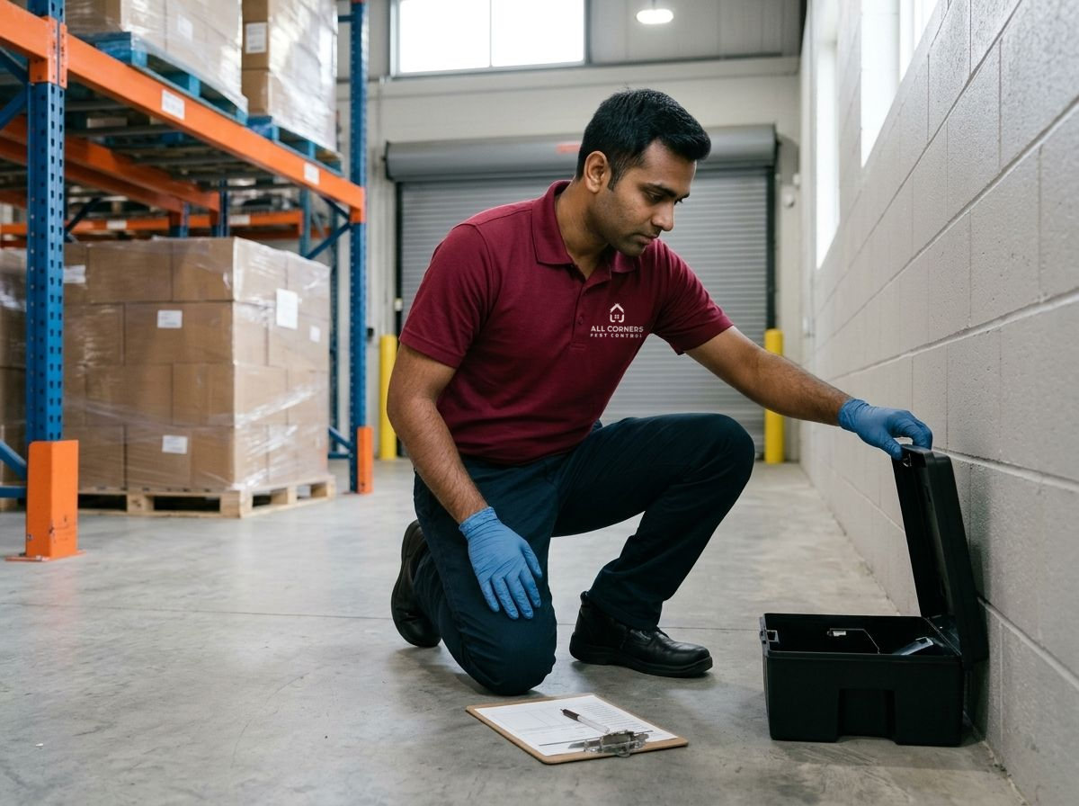 An All Corners technician checking a bait station in a warehouse