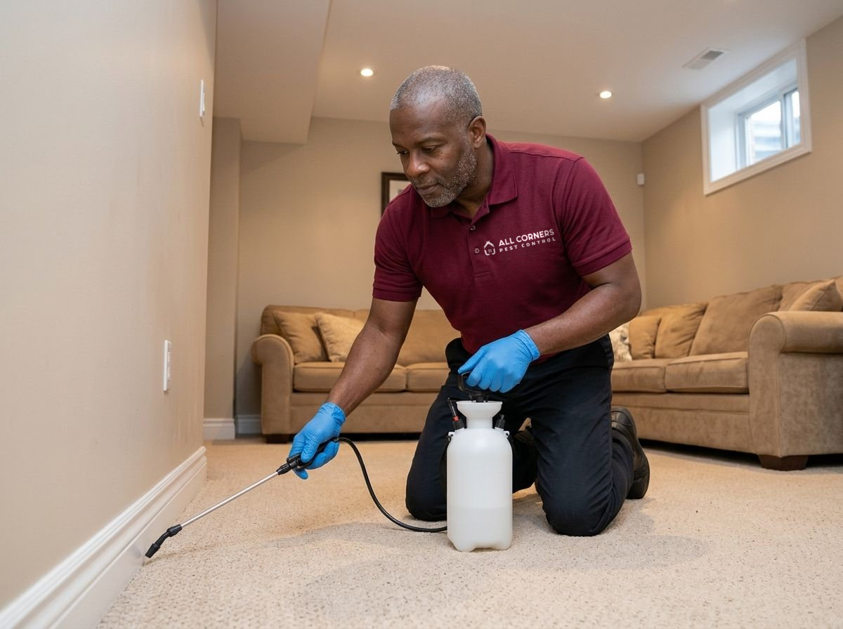 An All Corners technician treating the baseboards of a finished basement