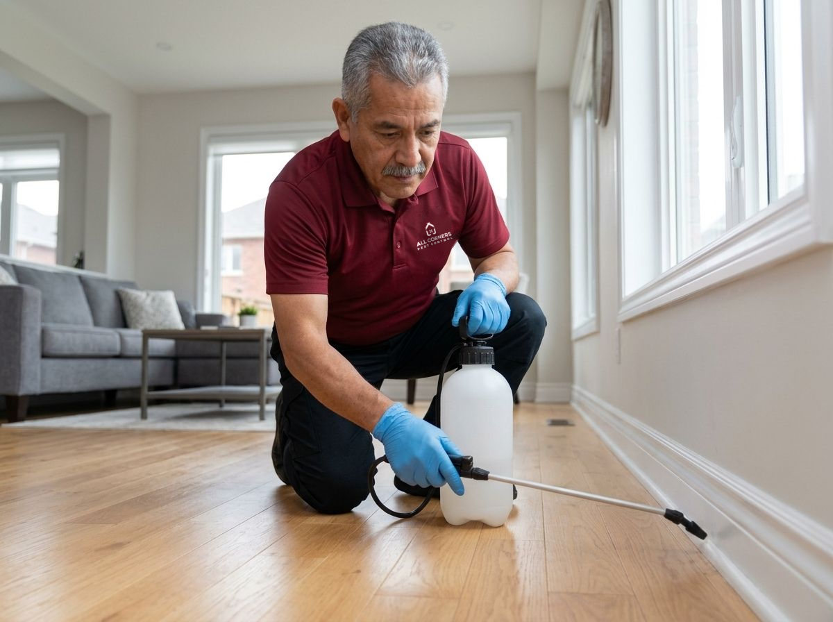 An All Corners technician treating a hardwood living room floor along the baseboard
