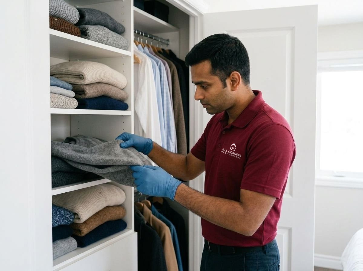 An All Corners technician checking the folds of a wool sweater in a bedroom closet