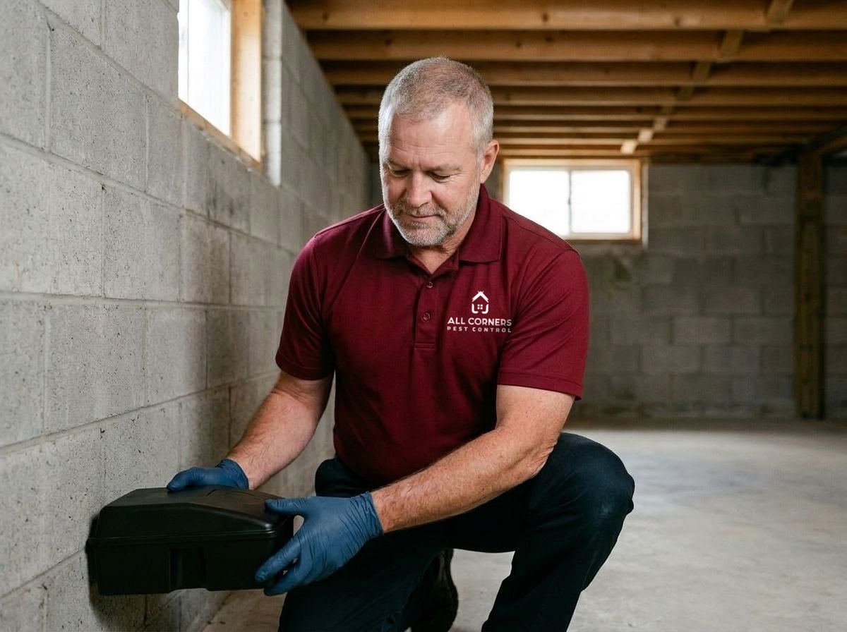 An All Corners technician placing a tamper-proof bait station along a basement wall
