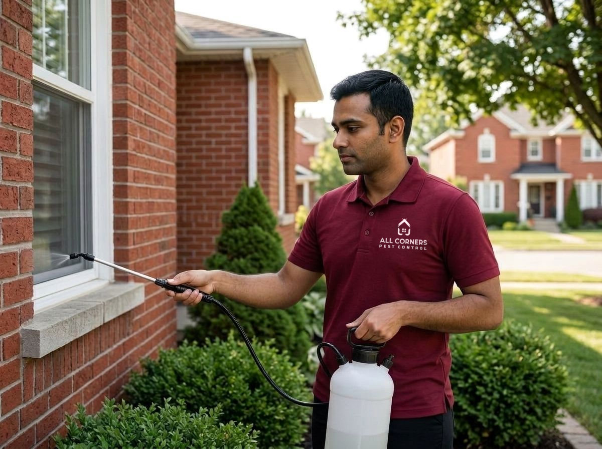An All Corners technician treating the frame of an exterior window on a brick home