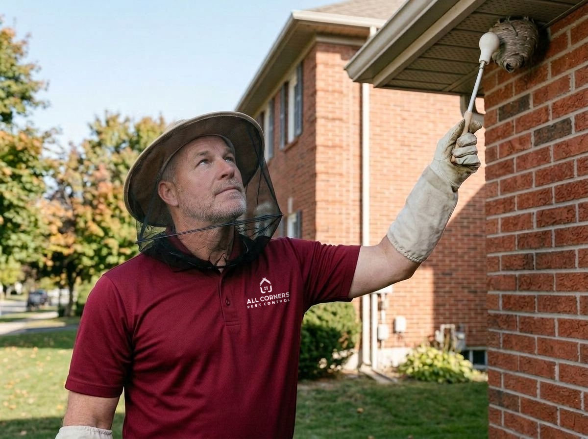 An All Corners technician in a protective veil treating a wasp nest under the eaves